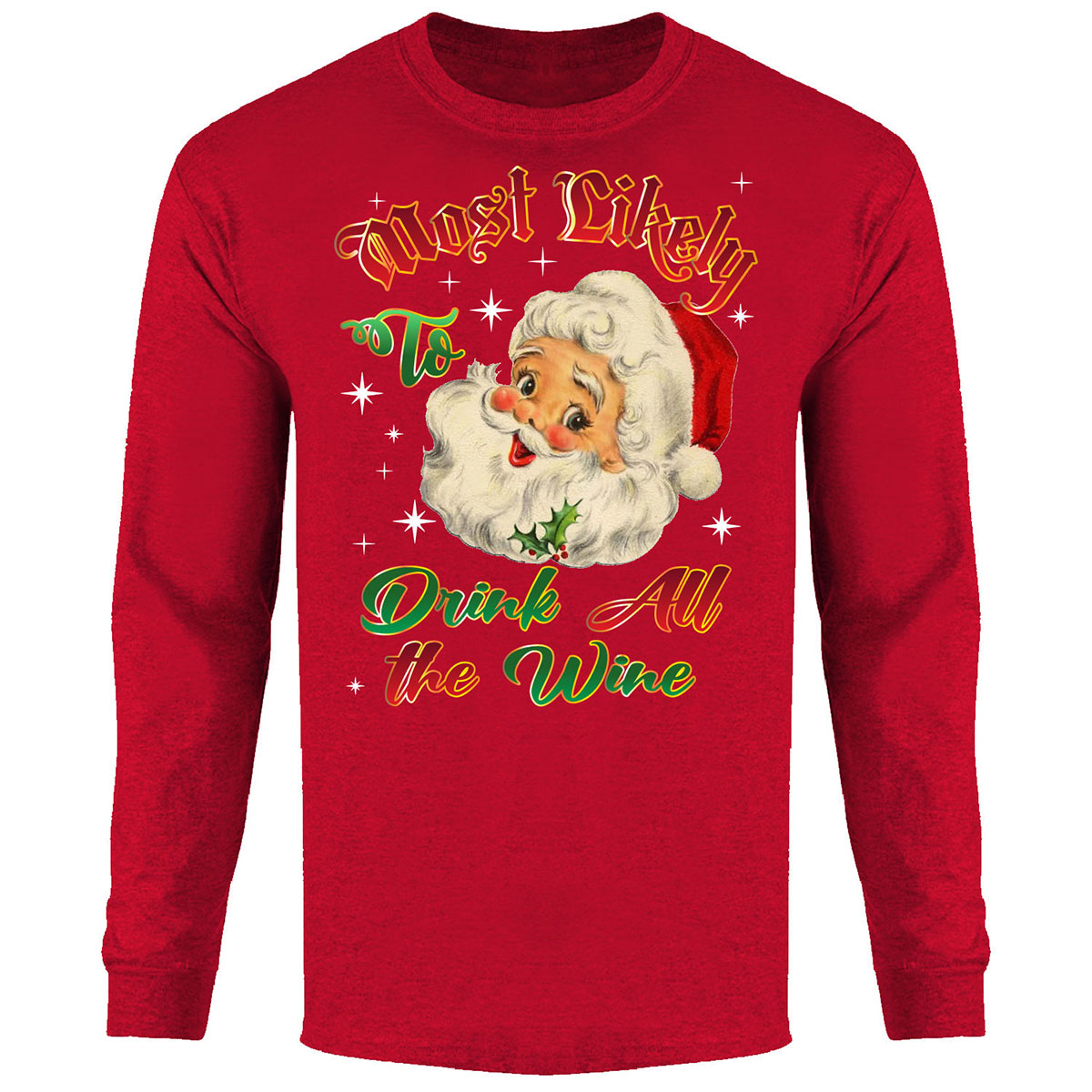 Men's Christmas Long Sleeve Shirt - Drink All The Wine - Red / XL
