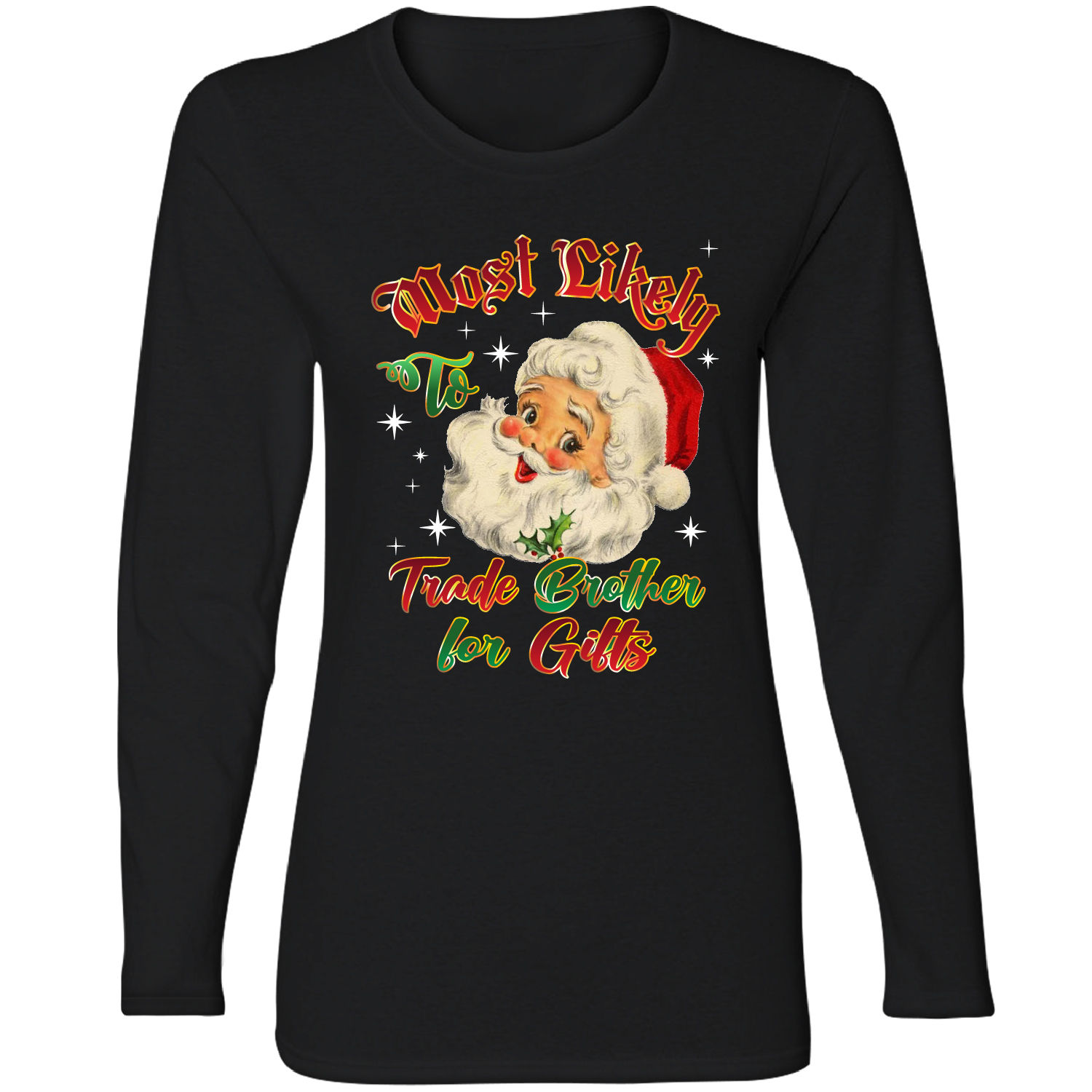 Women's Christmas Long Sleeve Shirts - Trade Brother for Gifts - Black / 2XL