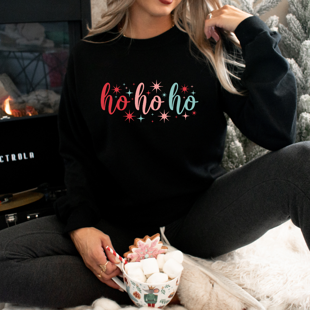 Women's "HO HO HO" Christmas Graphic Crew Neck Sweater - Large / Black