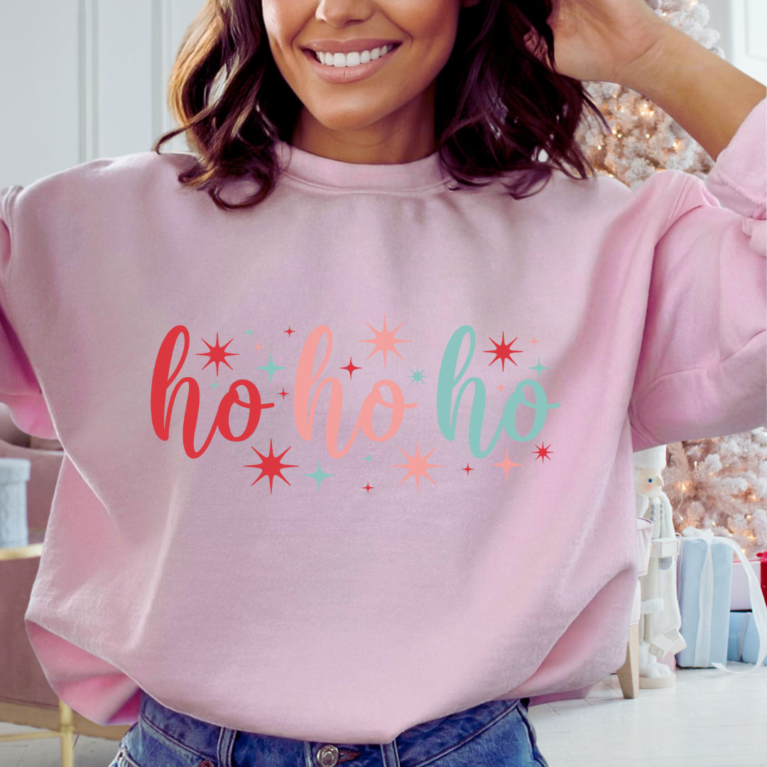 Women's "HO HO HO" Christmas Graphic Crew Neck Sweater - XL / Light Pink