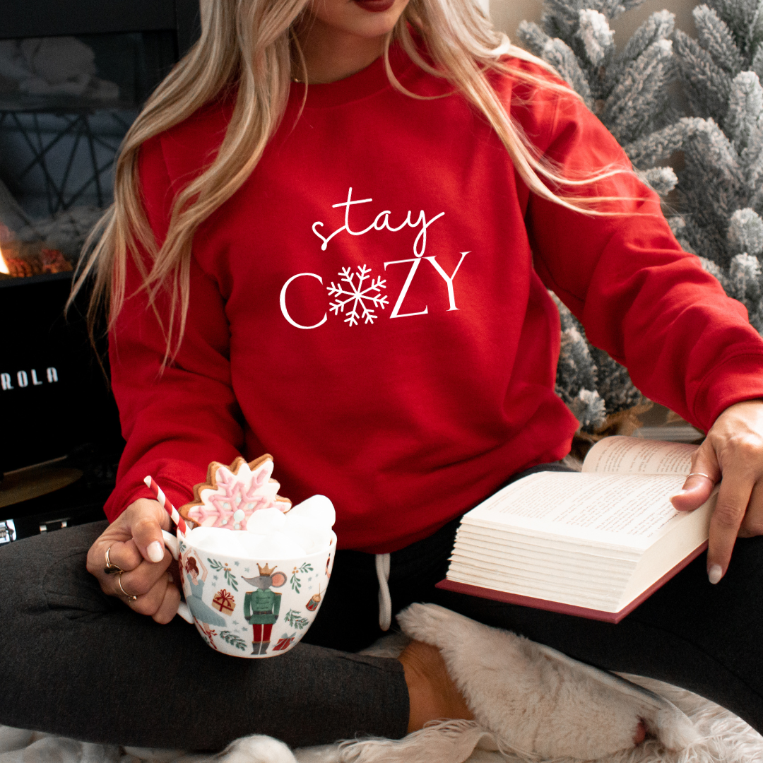 Women's 'Stay Cozy' Graphic Crew Neck Sweater - Medium / Cherry Red