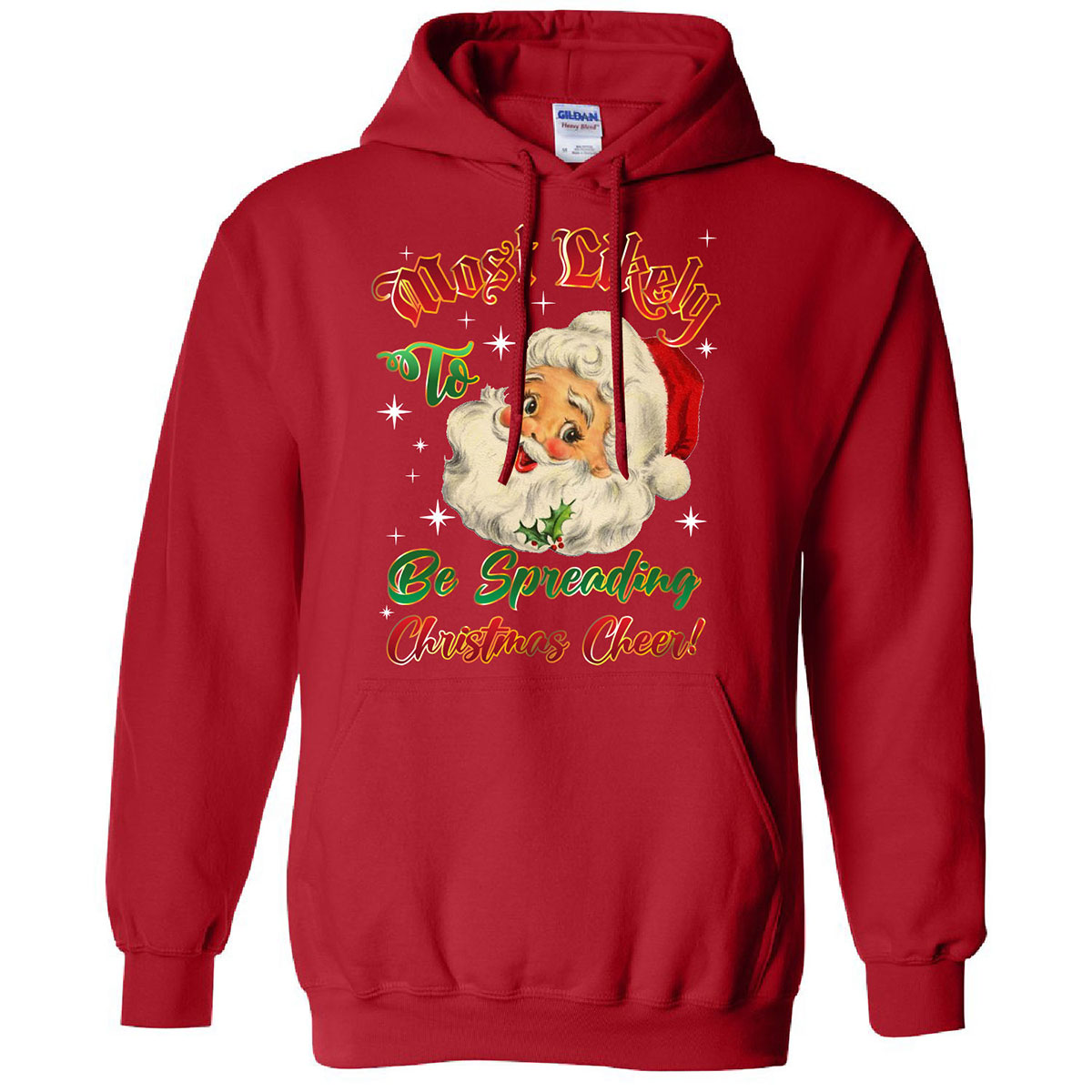 Mens ChristmasThemed Pullover Hoodie with Dual Kangaroo Pocket  Be Spreading Christmas Cheer  Red  2XL