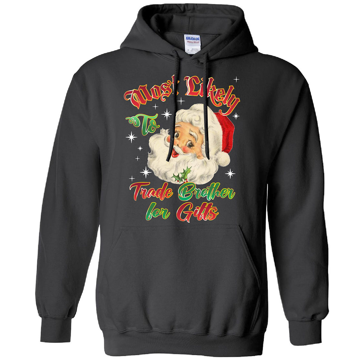 Men's Christmas-Themed Pullover Hoodie with Dual Kangaroo Pocket - Trade Brother for Gifts - Black / 2XL
