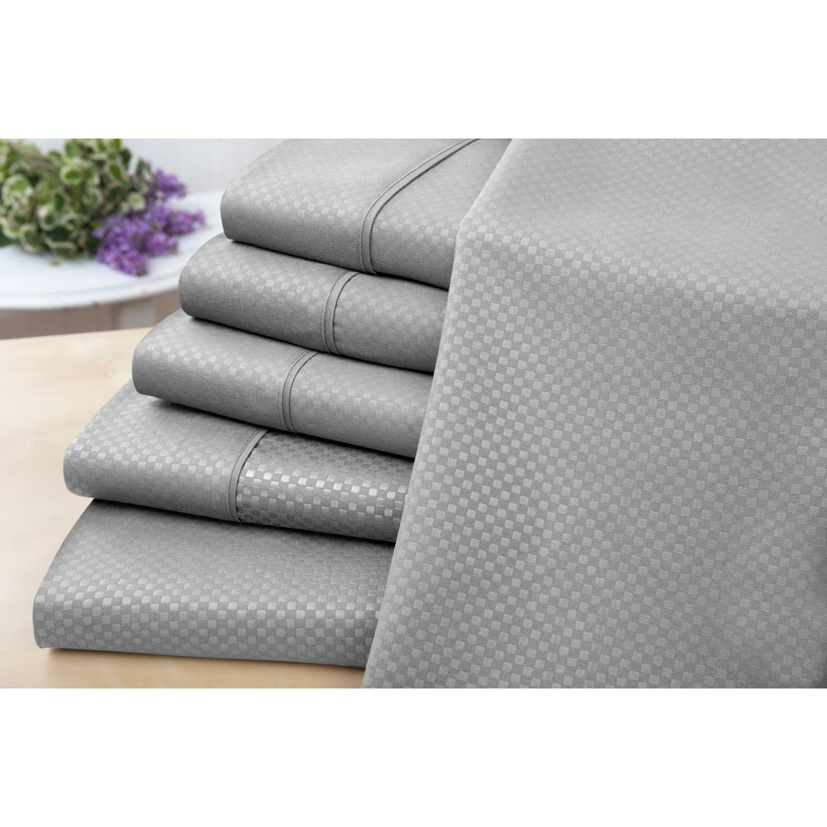6-Piece Embossed Checkered Sheet Set - 6 Piece Check Sheet Set, Silver - Twin