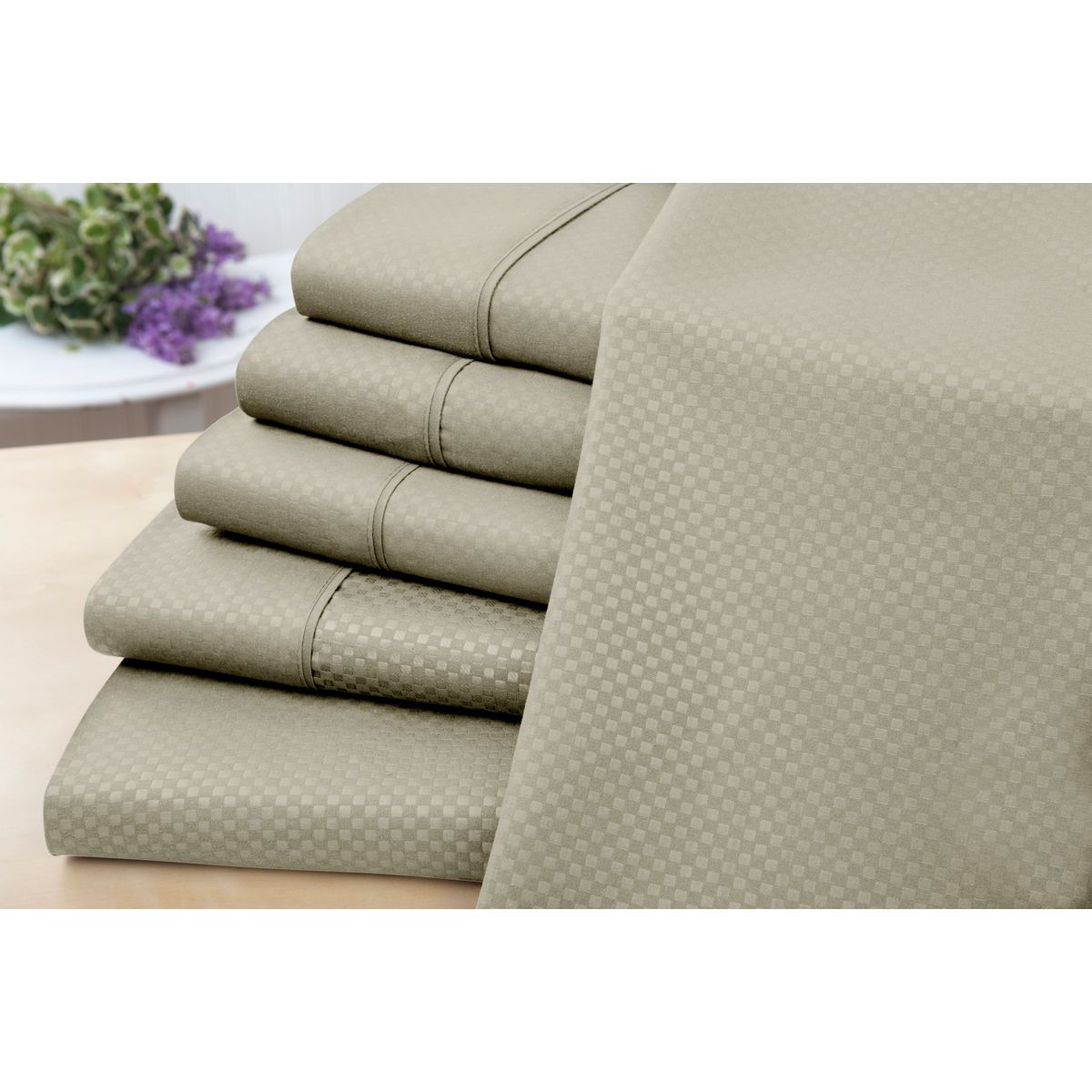 6-Piece Embossed Checkered Sheet Set - 6 Piece Check Sheet Set, Taupe - Queen