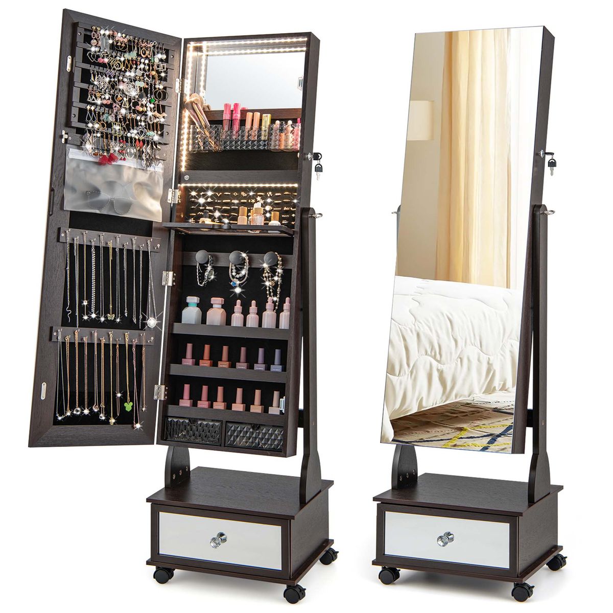 37-Inch Lockable Jewelry Cabinet Armoire with 3-Color LED Lights - Jewelry Cabinet CF