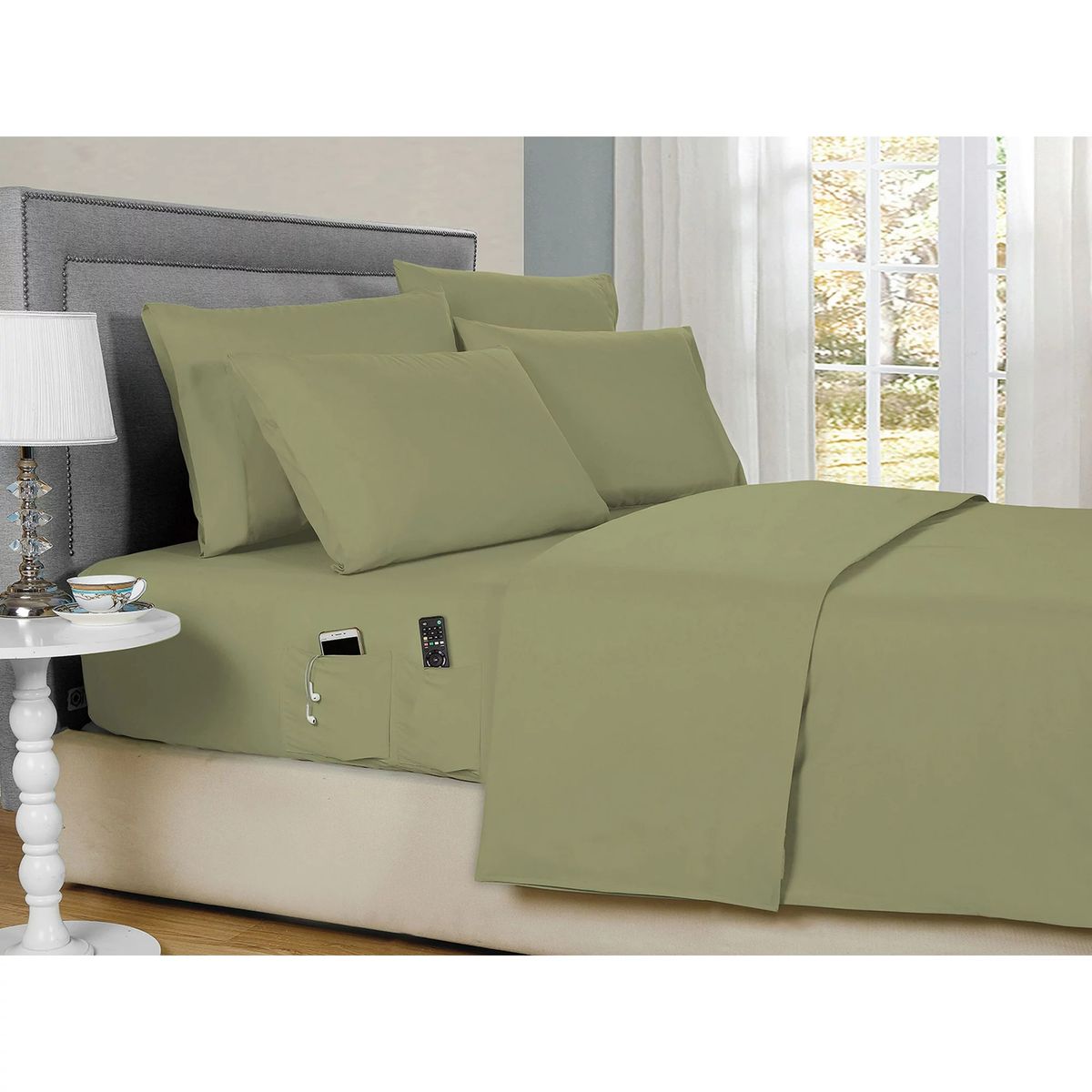 Kathy Ireland Smart Sheet Set with Side Pocket - Kathy Ireland 6-Piece Smart Sheet Sets w/ Side Pocket, Full - Sage