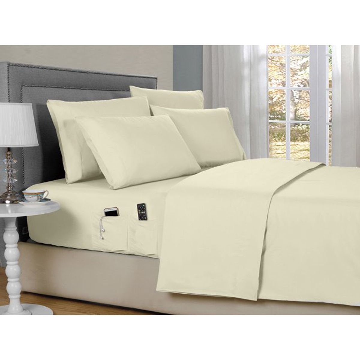 Kathy Ireland Smart Sheet Set with Side Pocket - Kathy Ireland 6-Piece Smart Sheet Sets w/ Side Pocket, Twin - Ivory