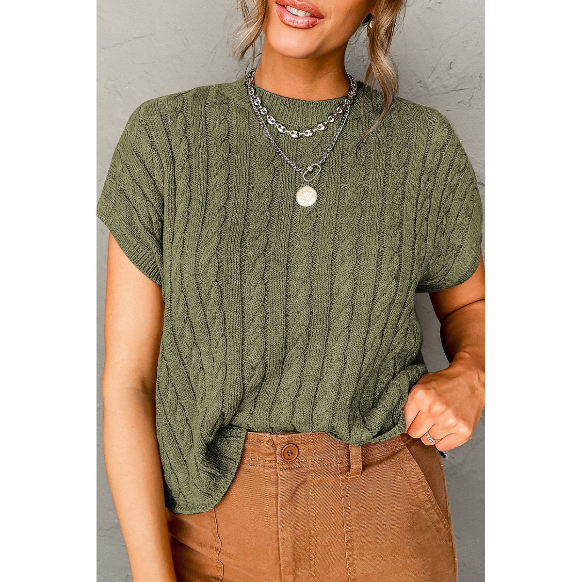 Women's Crew Neck Cable Knit Short Sleeve Sweater - Green / L / 55%Acrylic+45%Cotton