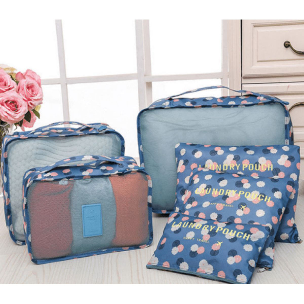 Photos - Travel Bags Threaded Pear Travel Organizer Pouch Set  - Blue Flower TRAVEL6 B(6-Piece)