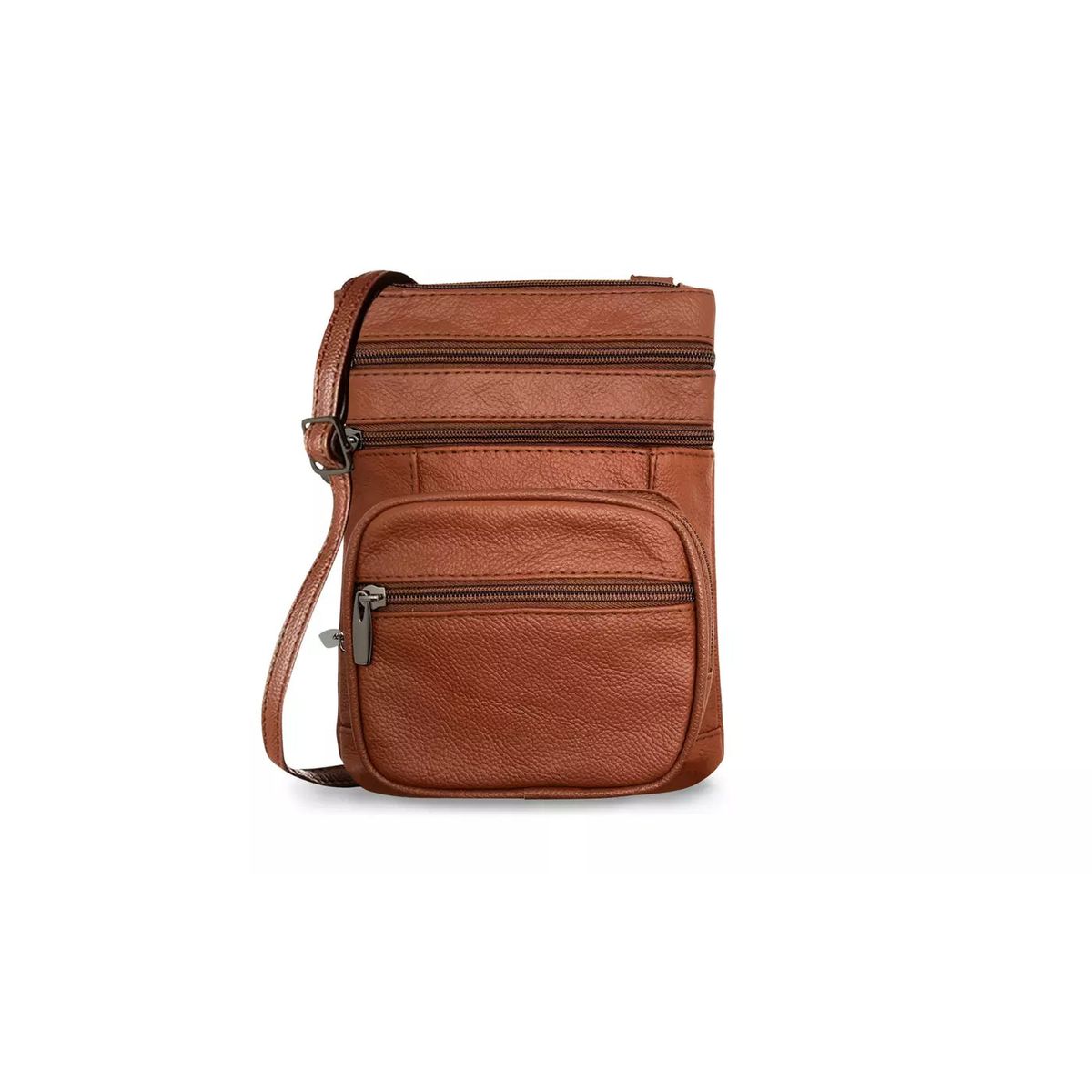 Genuine Leather MultiZippered Crossbody Bag  Brown