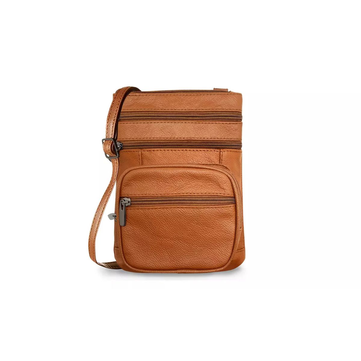 Genuine Leather MultiZippered Crossbody Bag  Light Brown