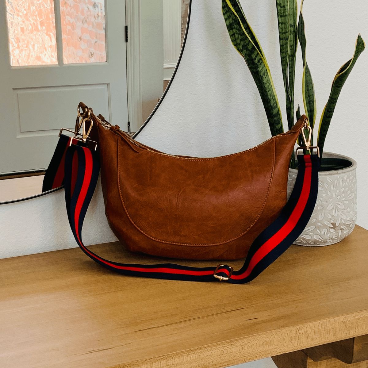 Alexia Handbag (Choose Your Strap) - Dark Brown / Red/Blue Stripe