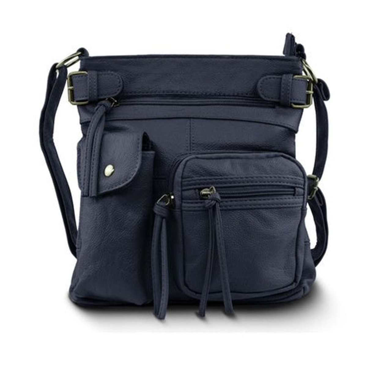 Super Soft Genuine Accent Top Belt Leather Crossbody Bag - Navy