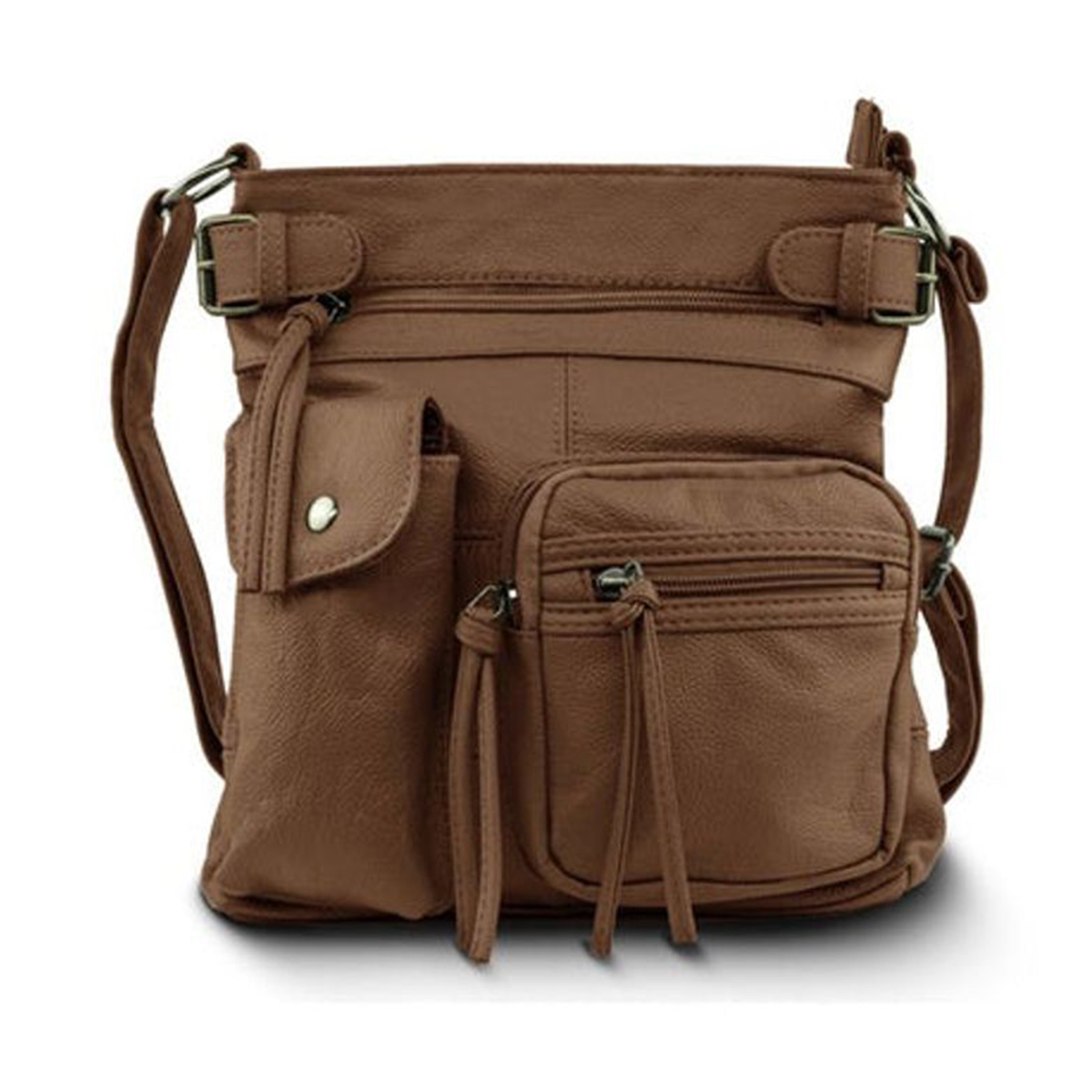 Super Soft Genuine Accent Top Belt Leather Crossbody Bag   Brown