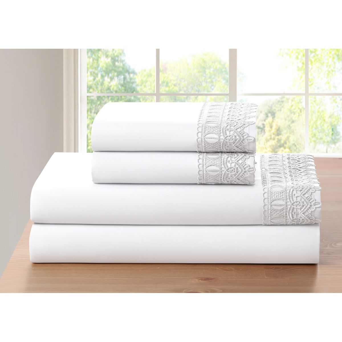 4-Piece Bamboo Comfort Lace Crochet Embroidery Sheet Set - Twin - White