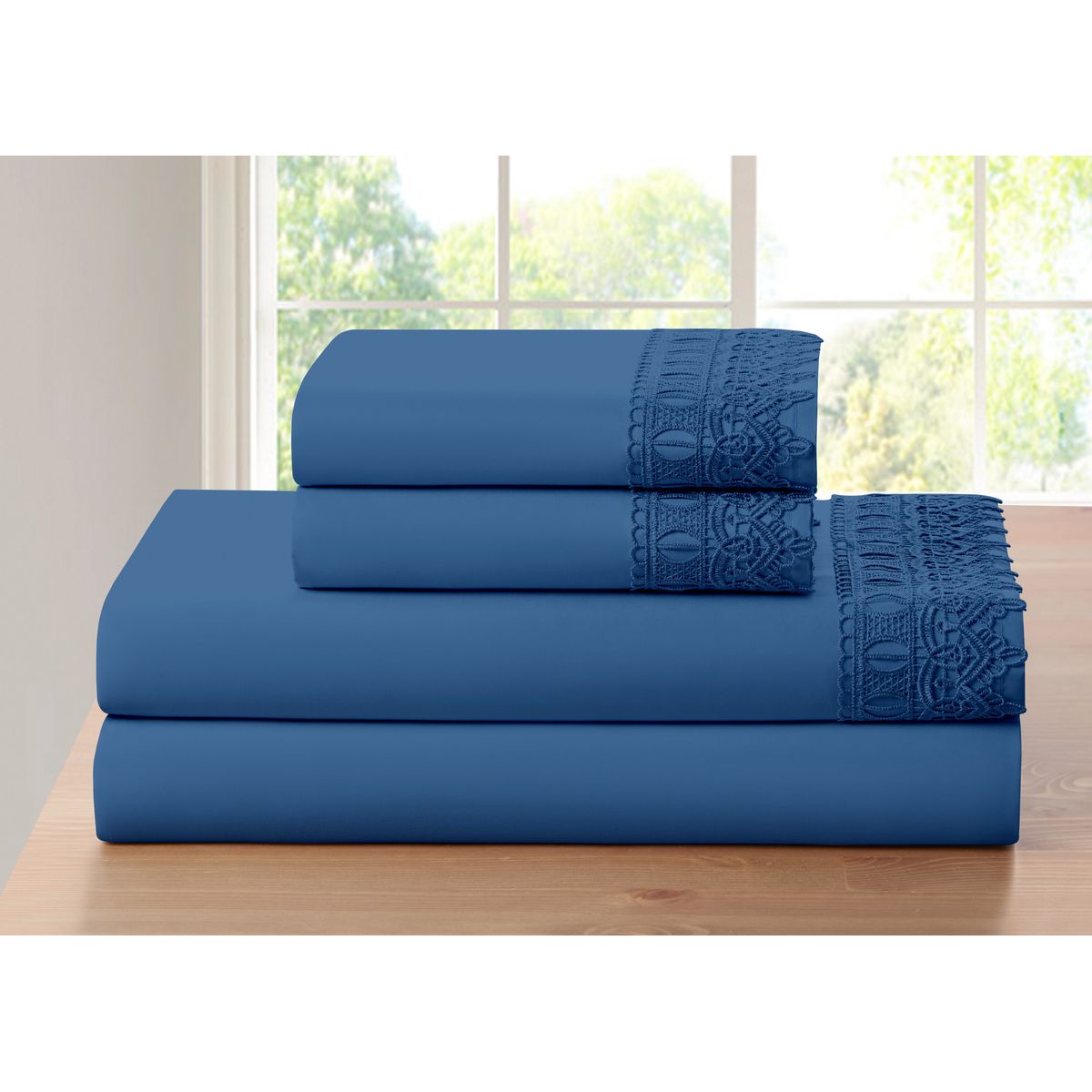 4-Piece Bamboo Comfort Lace Crochet Embroidery Sheet Set - Full - Navy