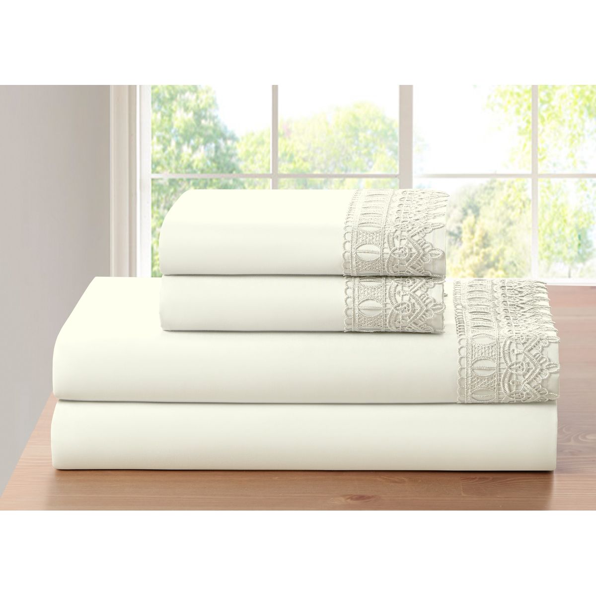 4-Piece Bamboo Comfort Lace Crochet Embroidery Sheet Set - Queen - Ivory