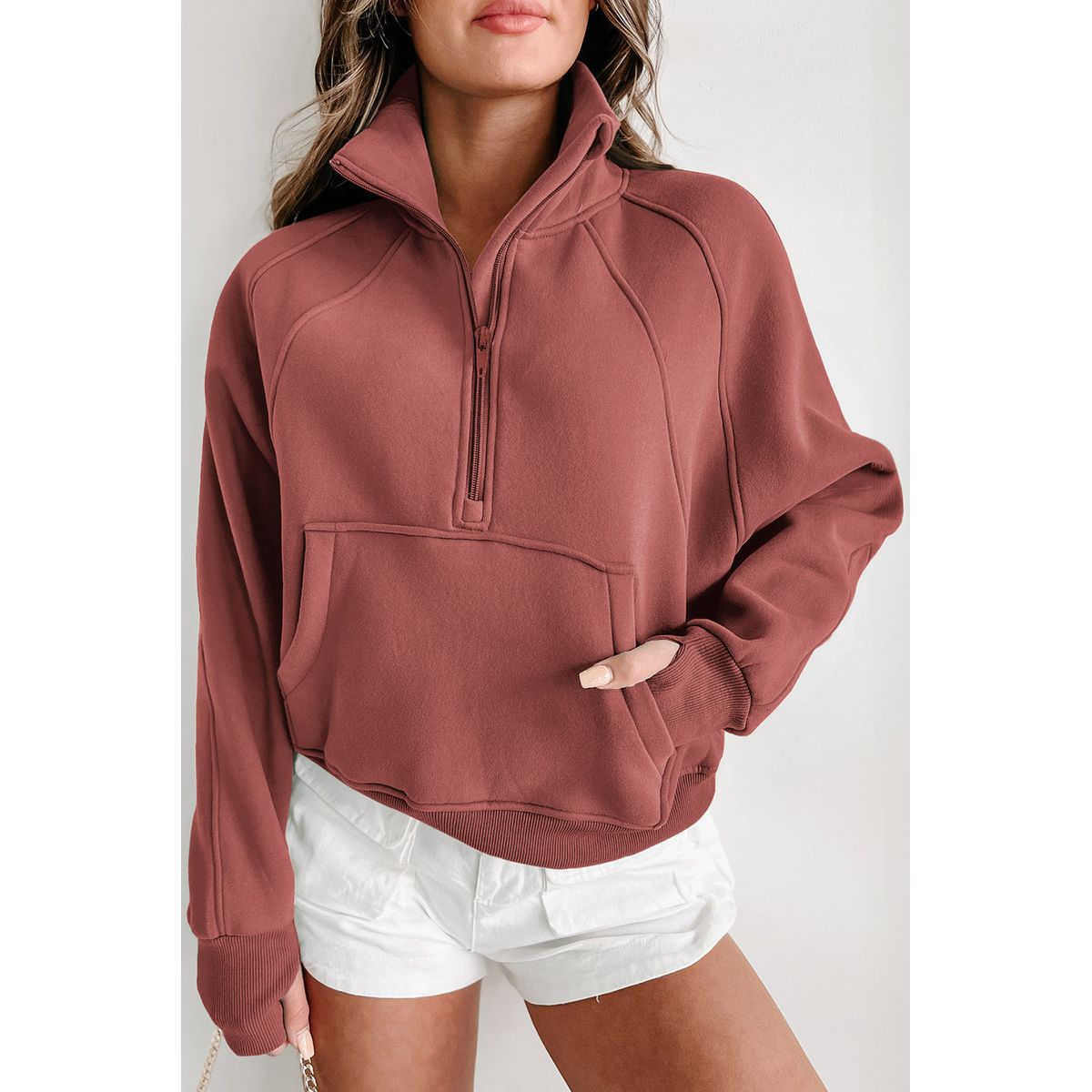 Women's Vivienne Zip-up Stand Collar Ribbed Thumbhole Sleeve Sweatshirt - Rust / M / 50%Polyester+50%Cotton