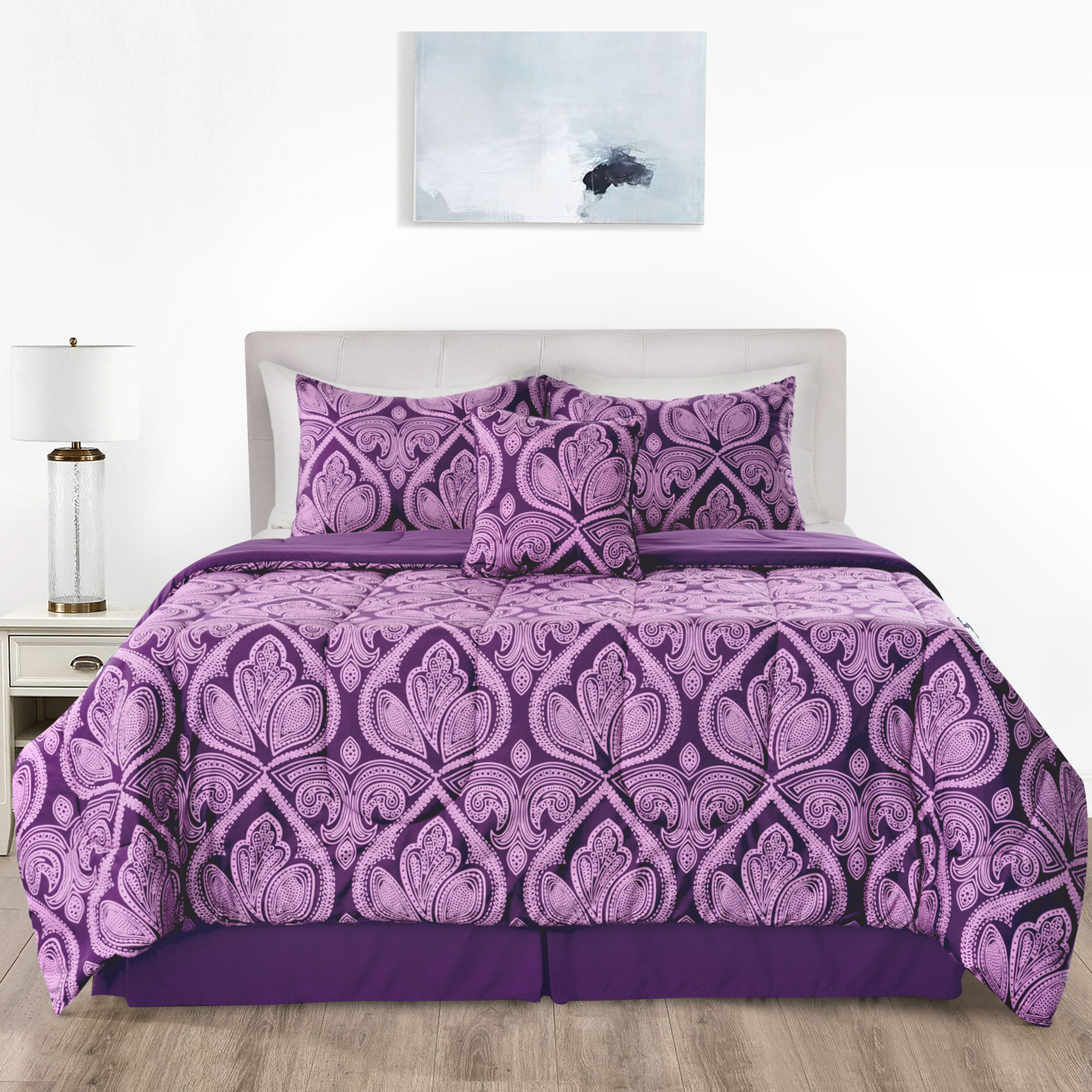 5-Piece Reversible Microfiber Bed Comforter Set - King - Paisley Purple