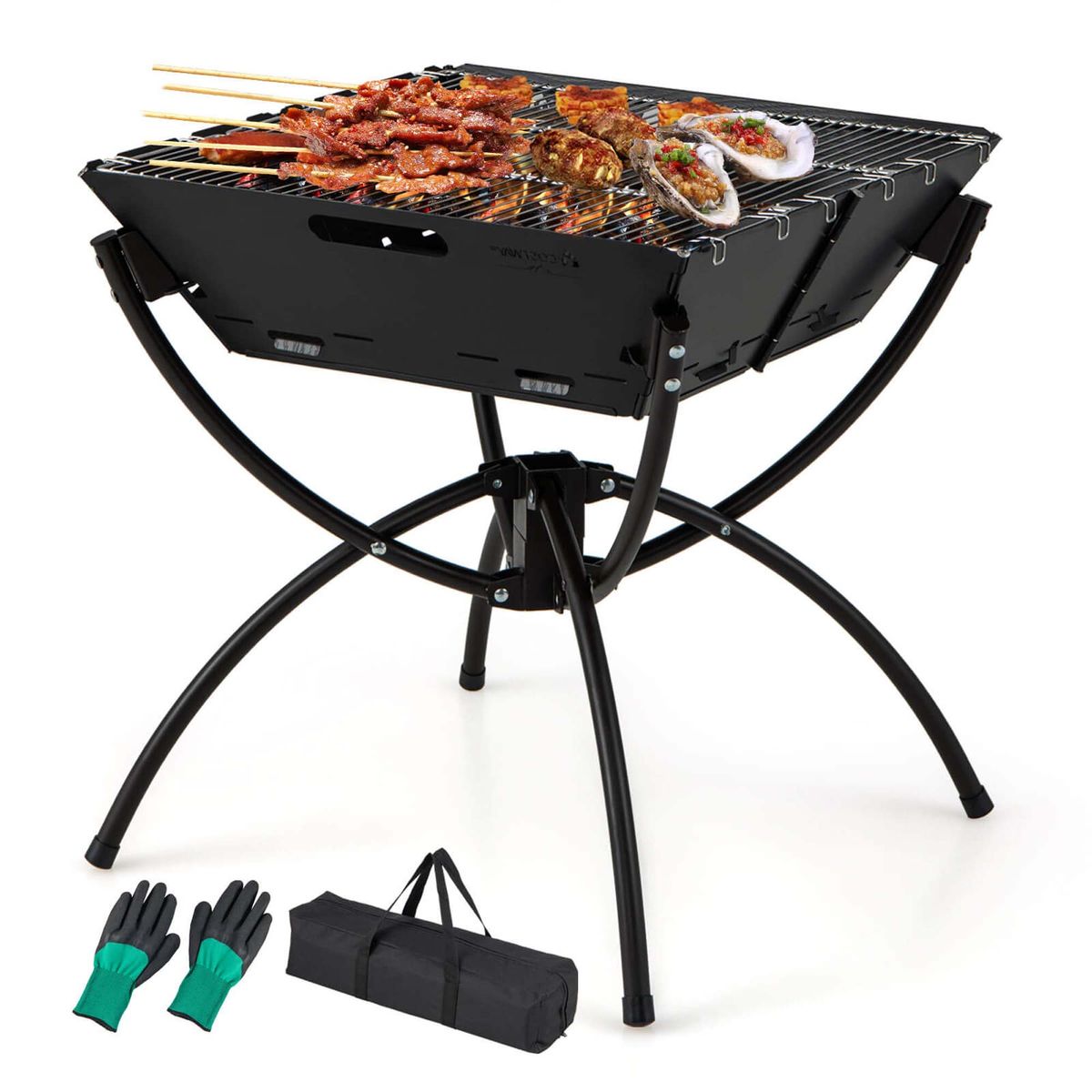 3-in-1 Folding Camping Fire Pit Grill with Carrying Bag & Gloves - Charcoal Grill BK