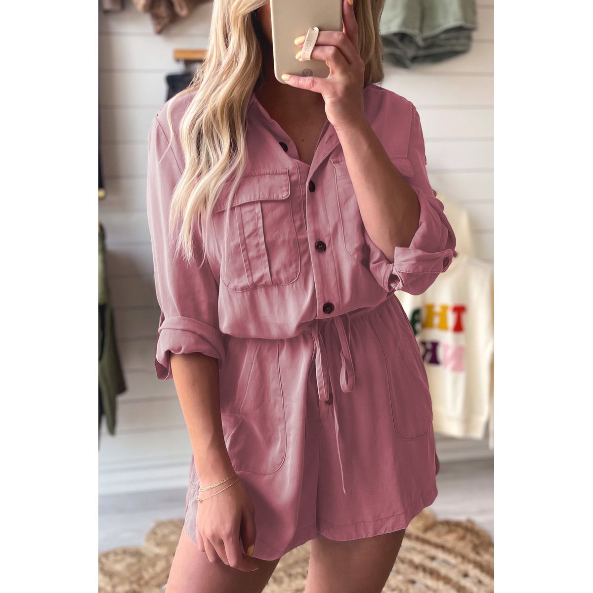 Women's Reese Roll-up Sleeve Flap Pockets Drawstring Romper - Peach Blossom / S / 70%Viscose+30%Polyester