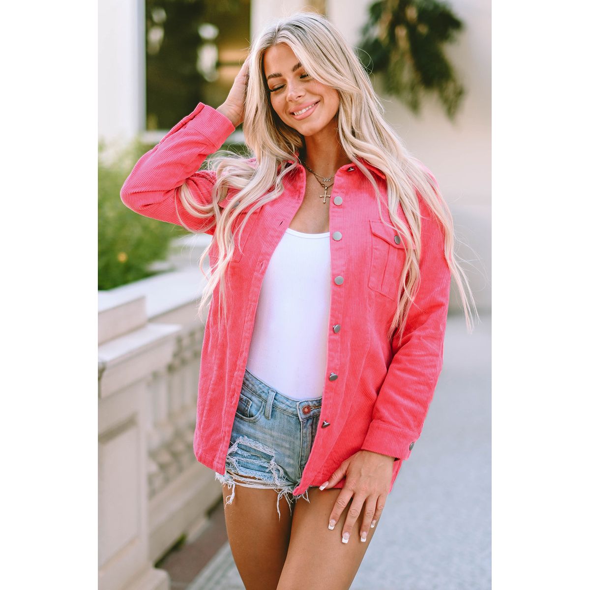 Women's Claire Buttoned Flap Pocket Corduroy Jacket - Pink / M / 100%Cotton