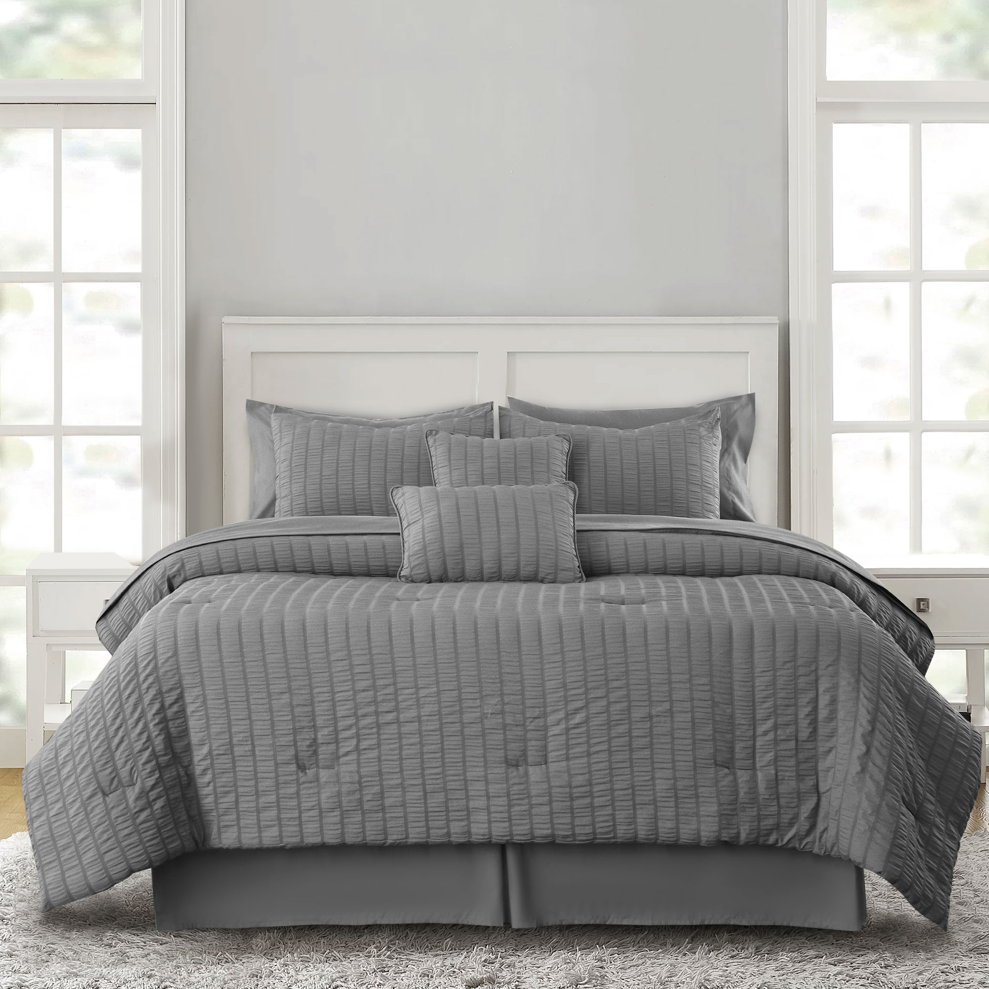 Seersucker Comforter 8- to 10-Piece Set - Queen Grey