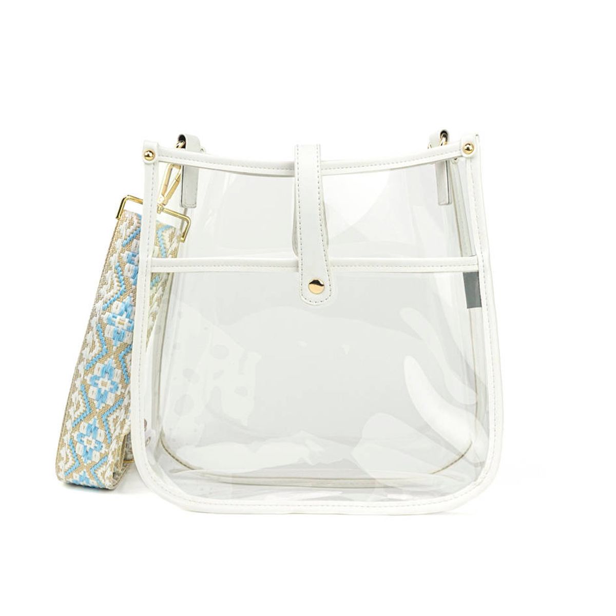Clear Courier Bag | Choose Your Strap - White / Tan/Silver Stripe