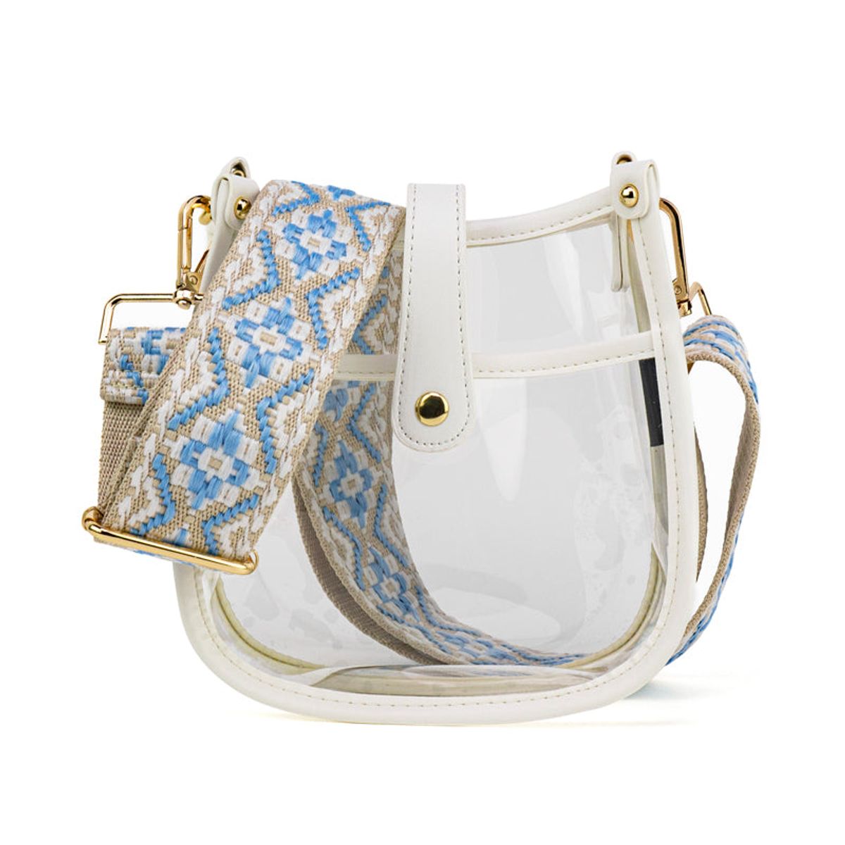 Compact Clear Courier Bag | Choose Your Strap - White / Skyblue/White Aztec