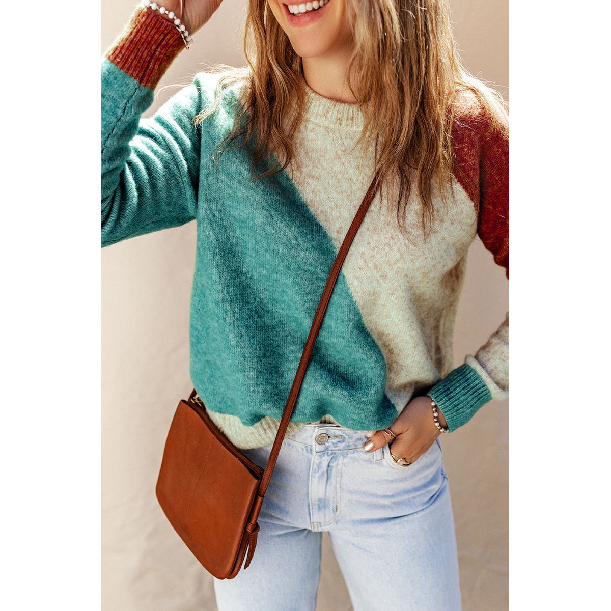 Women's Nicole Ribbed Trim Round Neck Sweater - Multicolor / 2XL / 74%Acrylic+ 22%Polyester+4%Elastane