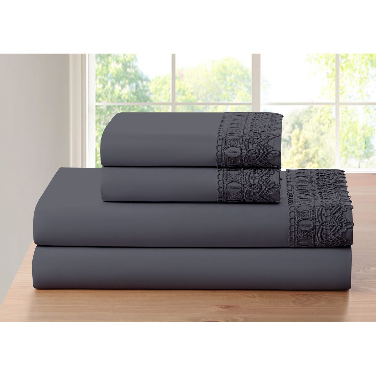4-Piece Bamboo Comfort Lace Crochet Embroidery Sheet Set - Queen - Dark Grey