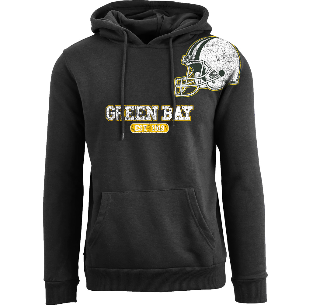 Football Team Helmet Pullover Hoodie - Men's Awesome Football Helmet Pull Over Hoodie - Green Bay - Black / M