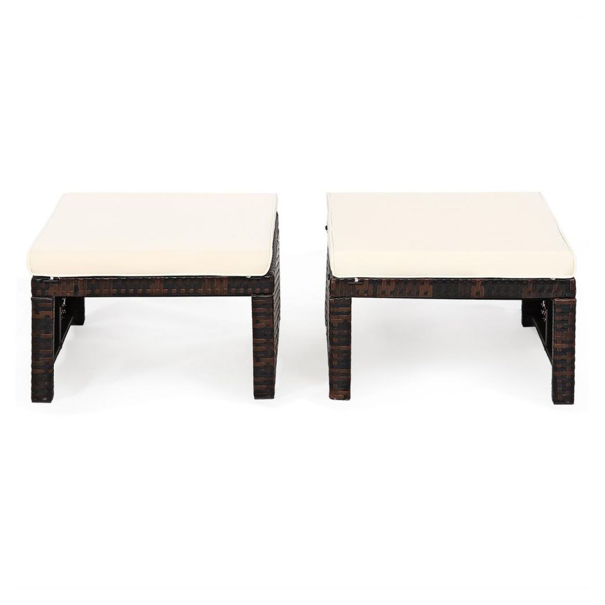 Patio Rattan Ottomans with Soft Cushion for Patio and Garden (2-Pack) - White