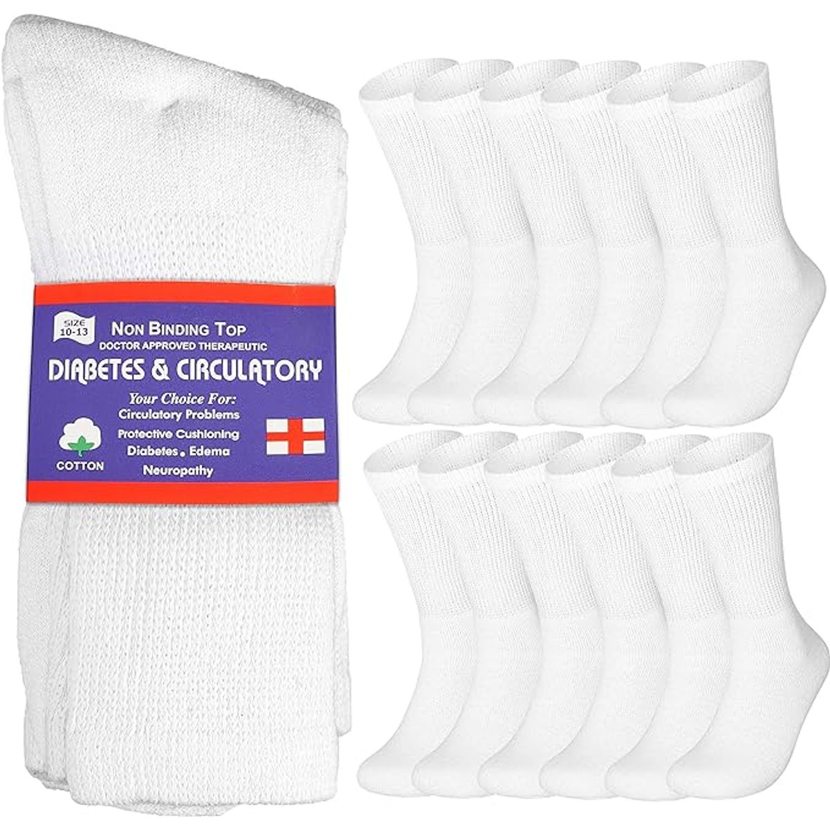 Cotton Non-Binding Diabetic & Circulatory Crew Socks (12-Pair) - White