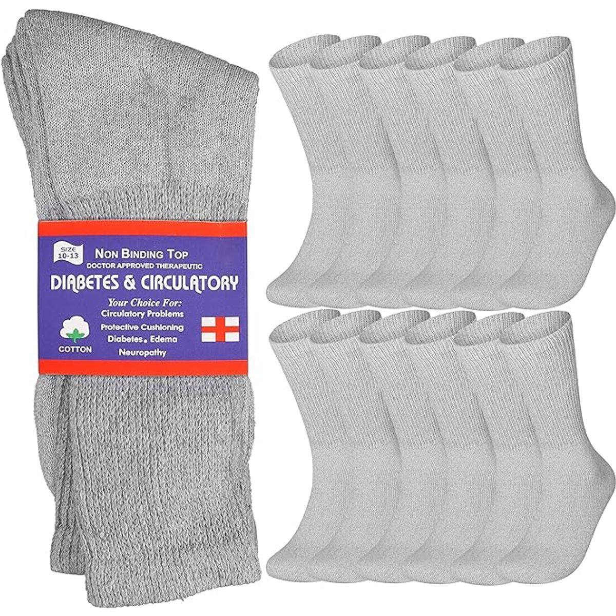 Cotton Non-Binding Diabetic & Circulatory Crew Socks (12-Pair) - Grey