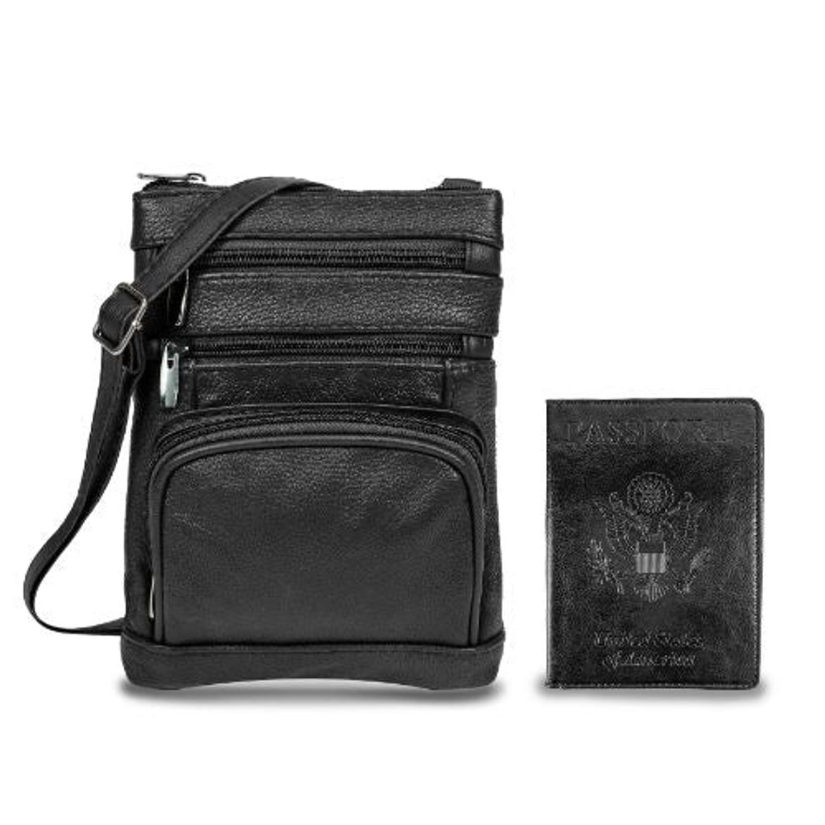 Leather Crossbody Bag with CDC Passport Holder 5 Colors  Black