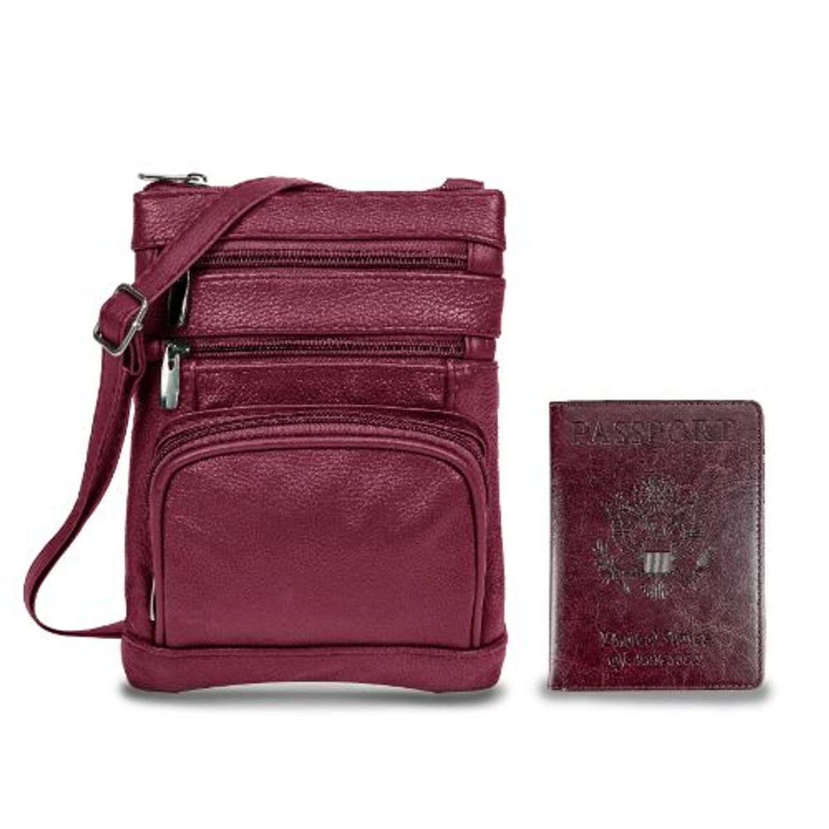 Leather Crossbody Bag with CDC Passport Holder 5 Colors  Burgundy