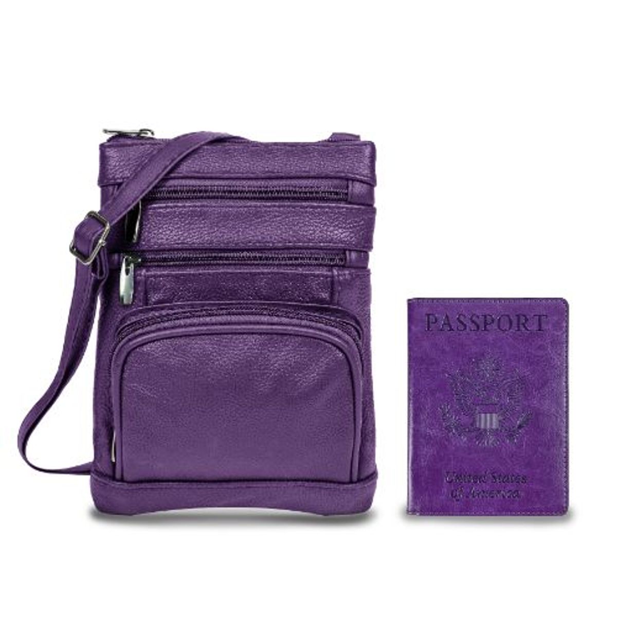 Leather Crossbody Bag with CDC Passport Holder 5 Colors  Purple