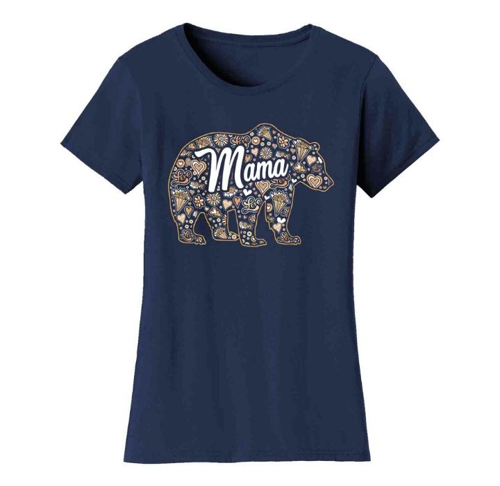 Women's Mama Bear T-Shirt - Bouquet Pattern - Navy / L