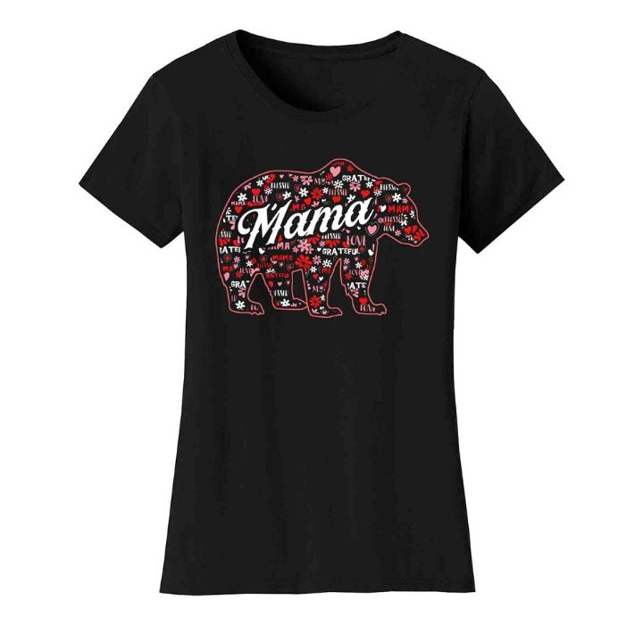 Women's Mama Bear T-Shirt - Daisy Pattern - Black / L