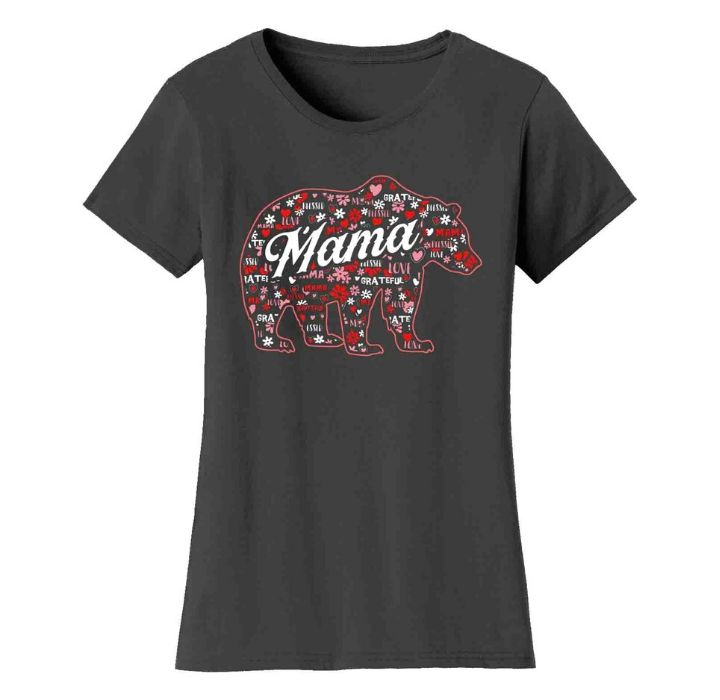 Women's Mama Bear T-Shirt - Daisy Pattern - Charcoal / S