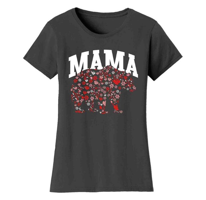 Women's Mama Bear T-Shirt - Flower Pattern - Charcoal / S