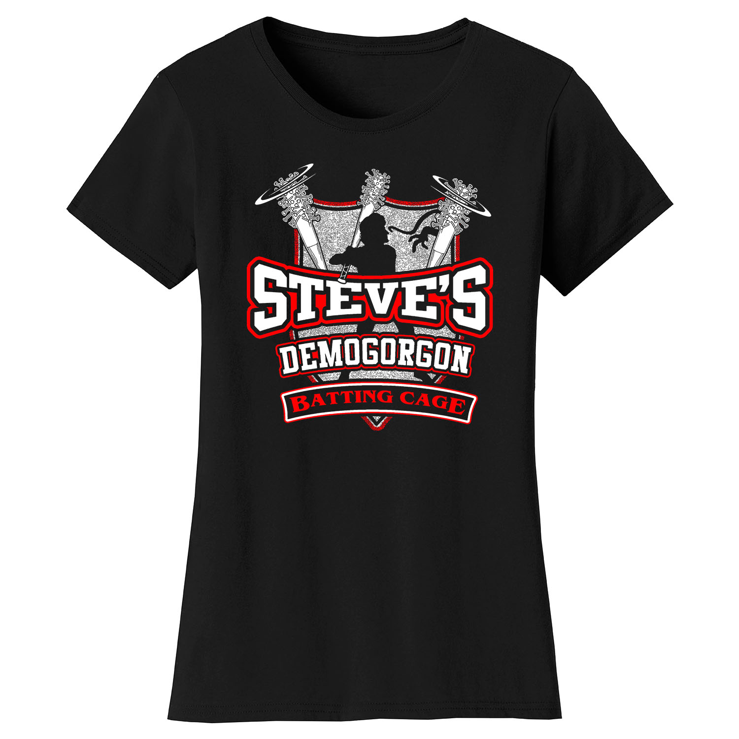 Women's Best of Stranger Things T-shirts - Steve's Demogorgon Batting Cage - Black / XL