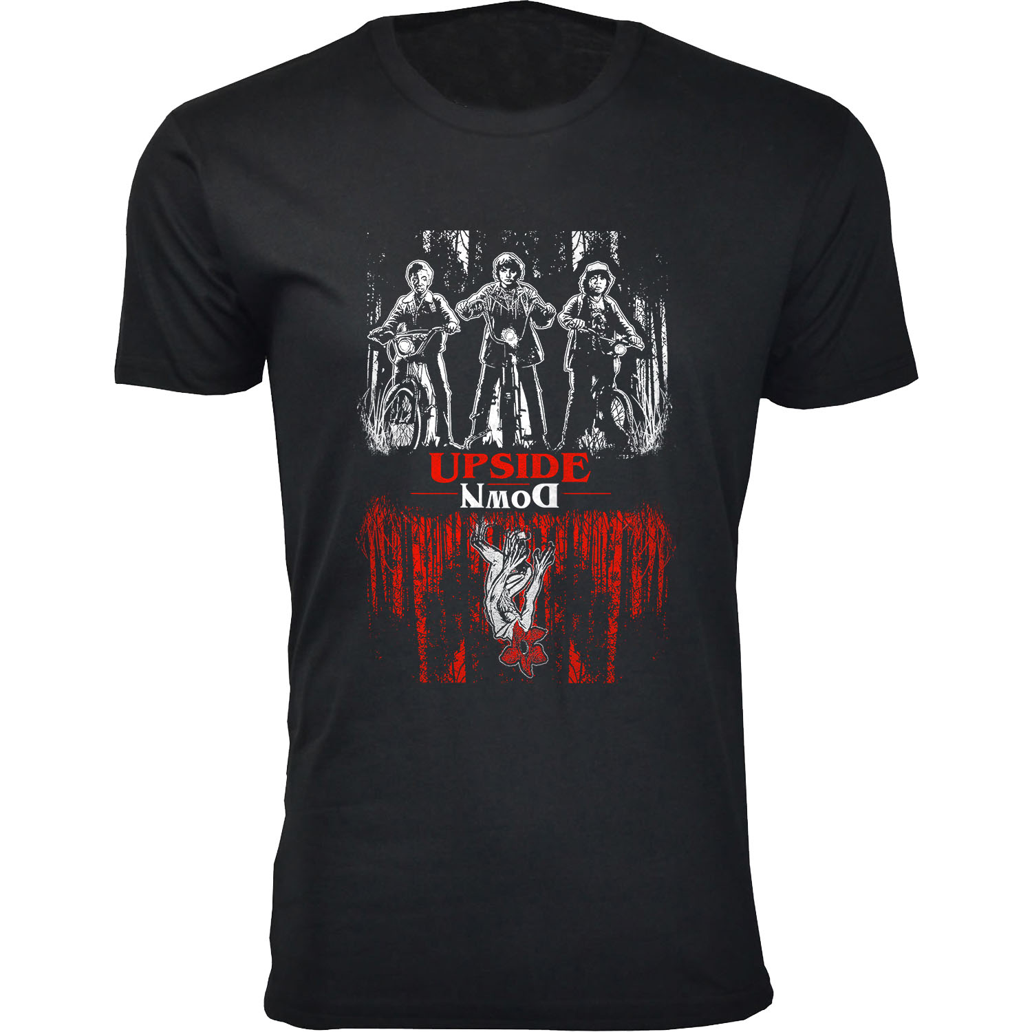 Men's Best of Stranger Things T-shirts - Upside Down Three Guys on the Bikes - Black / S