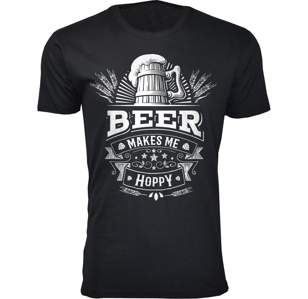 Men's 'Beer Makes Me Happy' T-shirt - Men's Hilarious Beer Joke T-shirts - Beer Makes Me Hoppy - Black / S