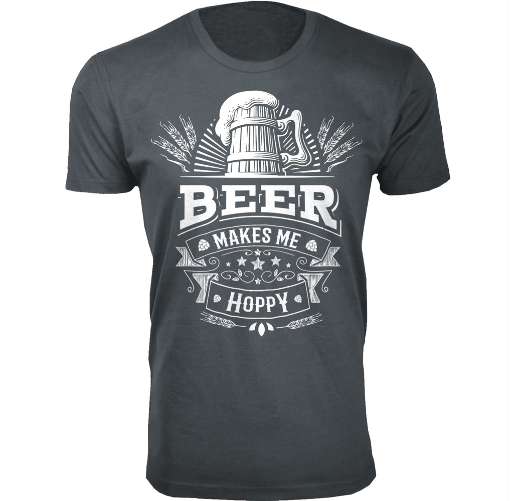 Men's 'Beer Makes Me Happy' T-shirt - Men's Hilarious Beer Joke T-shirts - Beer Makes Me Hoppy - Charcoal / XL