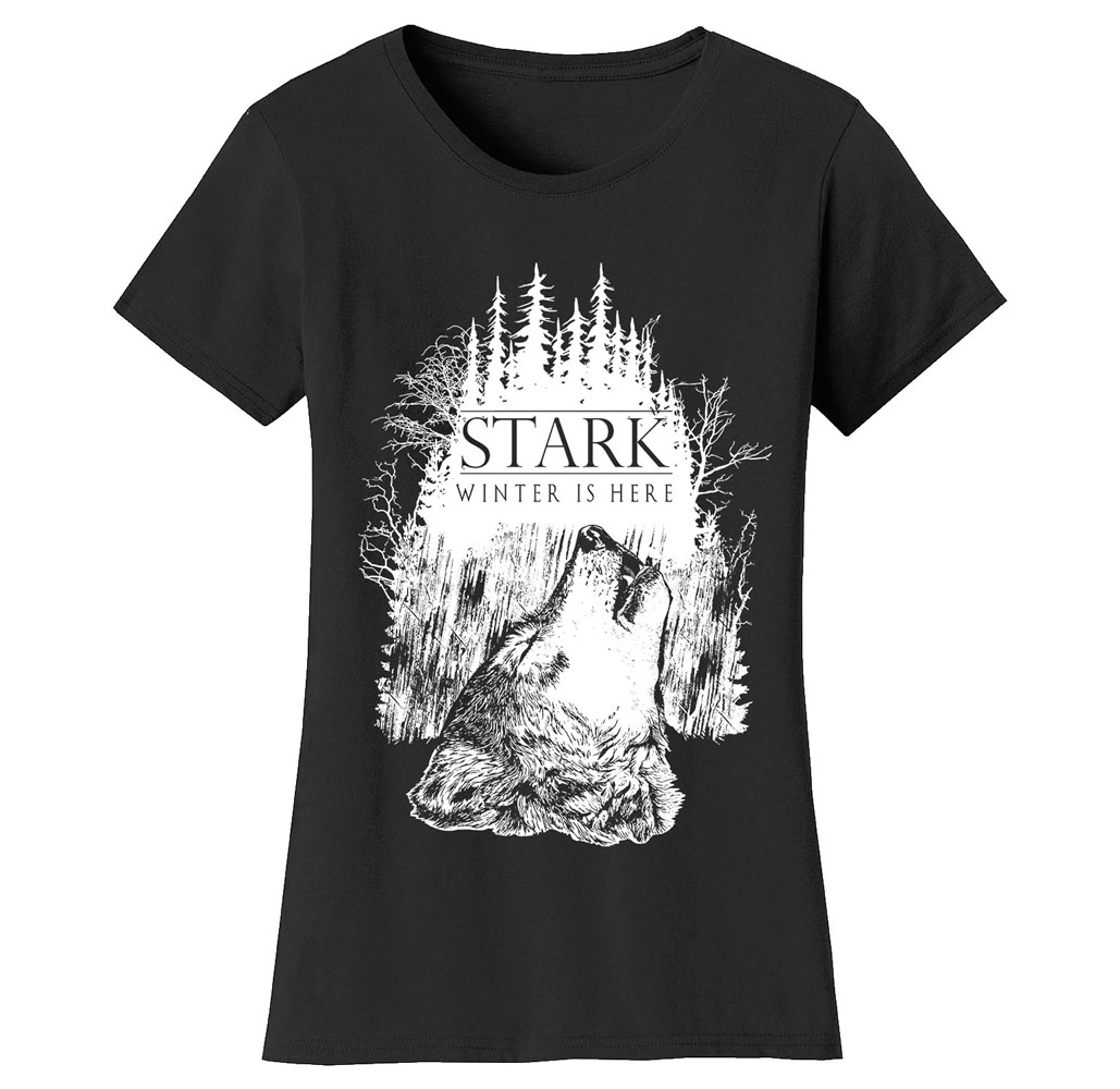 Womens Thrones and Dragons TShirt Womens Thrones and Dragons Tshirts Stark Winter is Here Black Small