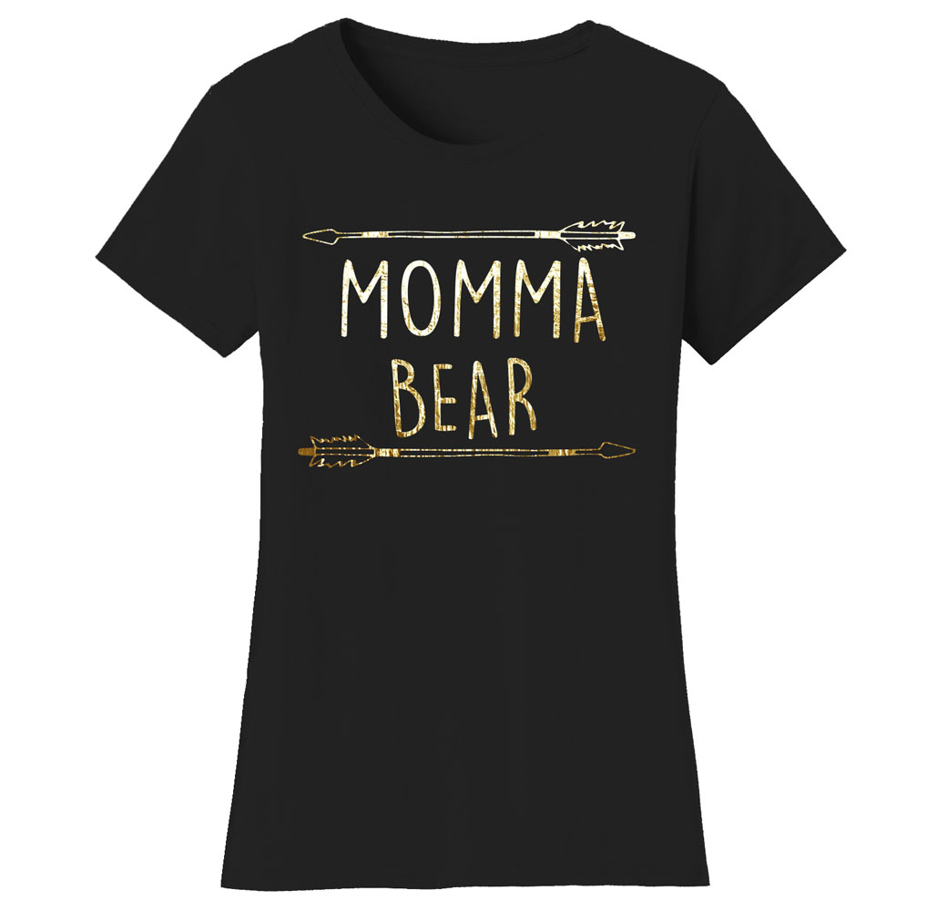 Women’s Mama Bear Themed T-Shirts - Women's Mama Bear Themed T-shirts - MOMMA Bear Arrow - Black/Gold Print / X-Large