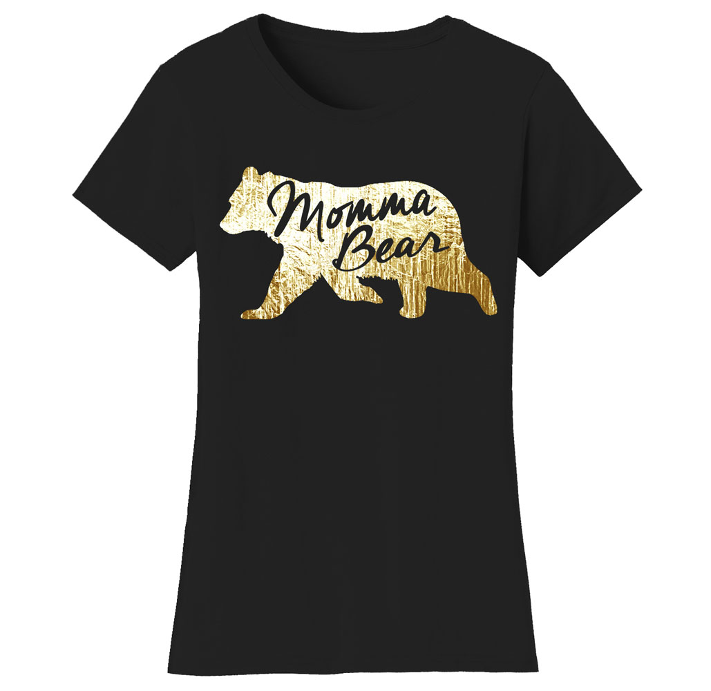 Women’s Mama Bear Themed T-Shirts - Women's Mama Bear Themed T-shirts - Momma Bear Silhouette - Black/Gold Print / Medium
